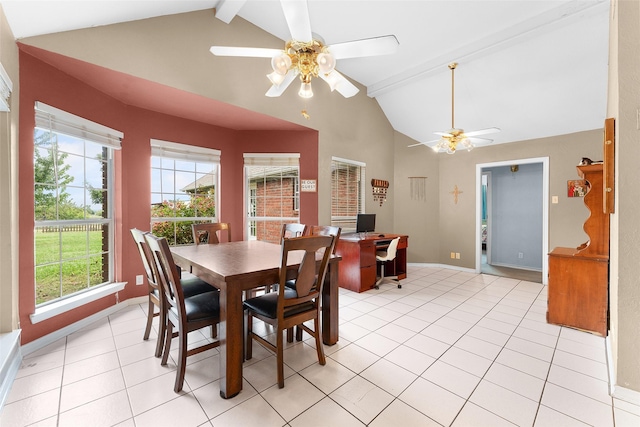 tiled dining area featuring lofted ceiling with beams, ceiling fan, and a wealth of natural light