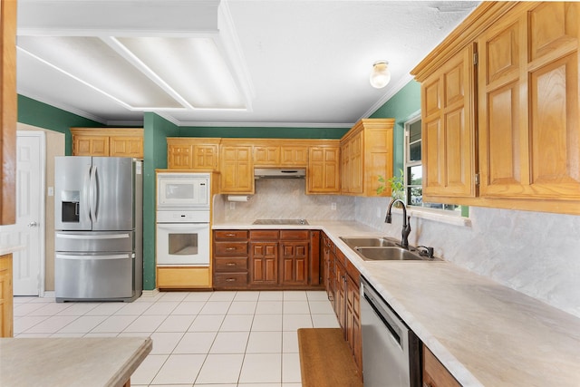 kitchen featuring decorative backsplash, light tile patterned floors, sink, and appliances with stainless steel finishes