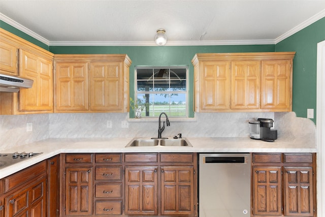 kitchen featuring decorative backsplash, black cooktop, ornamental molding, sink, and dishwasher