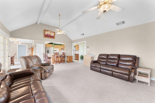 carpeted living room featuring ceiling fan, beam ceiling, and high vaulted ceiling