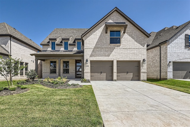 view of front of house featuring a front yard, a porch, and a garage