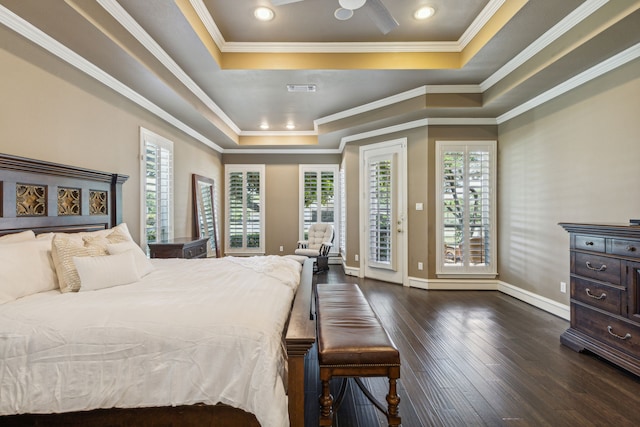 bedroom featuring a raised ceiling, ornamental molding, access to outside, and dark hardwood / wood-style floors