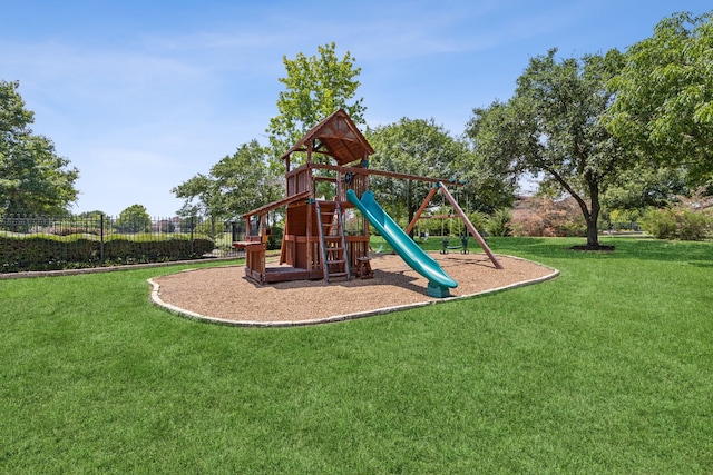 view of jungle gym with a yard