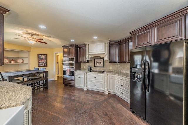 kitchen featuring white cabinetry, dark hardwood / wood-style flooring, black appliances, backsplash, and ceiling fan