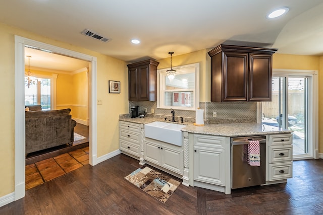 kitchen with dark hardwood / wood-style floors, tasteful backsplash, plenty of natural light, dishwasher, and dark brown cabinetry