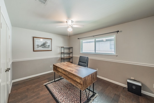 office space featuring ceiling fan and dark hardwood / wood-style flooring