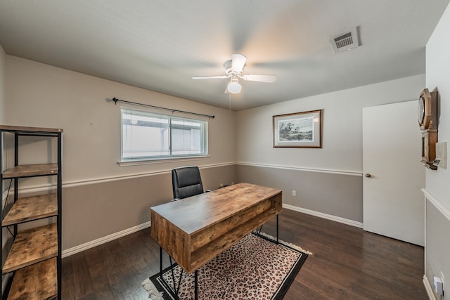 office area featuring ceiling fan and dark hardwood / wood-style flooring