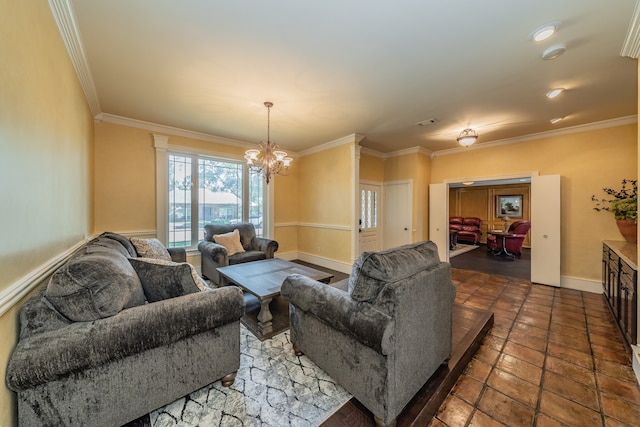 living room with a notable chandelier, tile flooring, and ornamental molding