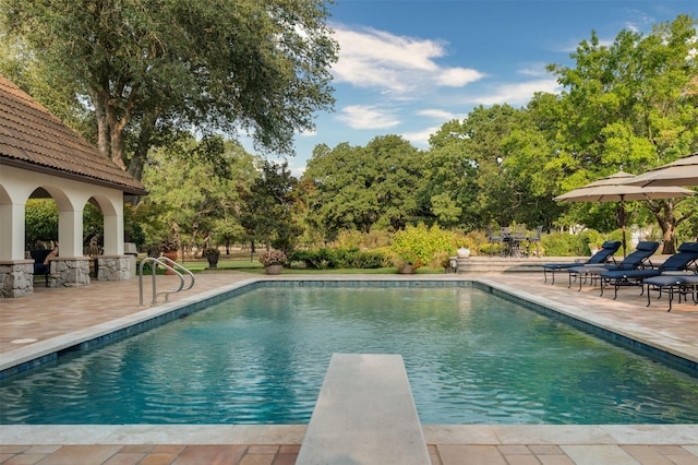 view of swimming pool with a diving board and a patio