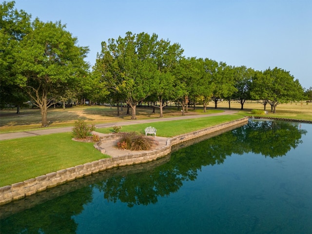 view of community with a water view and a lawn