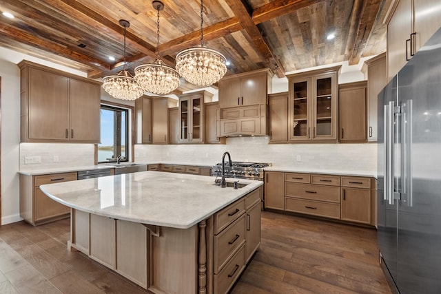 kitchen with a notable chandelier, appliances with stainless steel finishes, an island with sink, dark wood finished floors, and wood ceiling