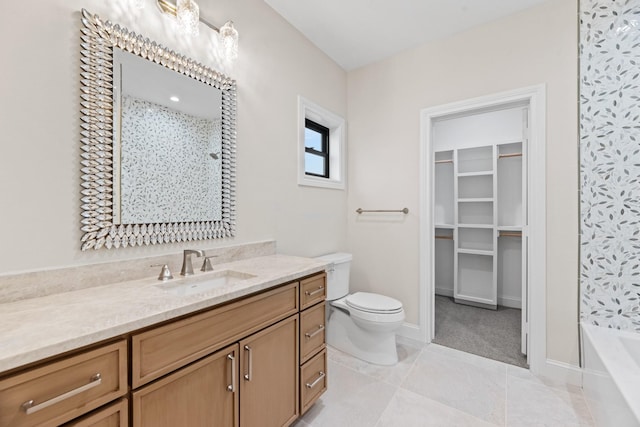 full bathroom with vanity, toilet, tile patterned flooring, and plus walk in shower