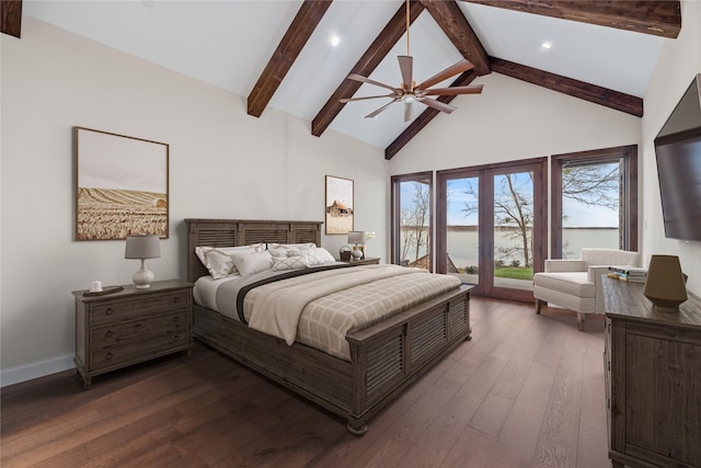 bedroom with beamed ceiling, high vaulted ceiling, access to exterior, baseboards, and dark wood-style floors