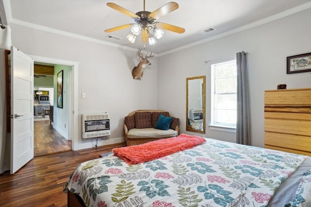 bedroom with multiple windows, crown molding, dark wood-type flooring, and ceiling fan