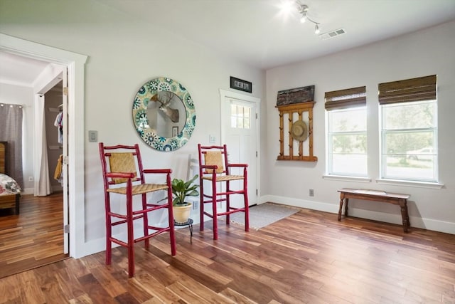 sitting room featuring wood-type flooring and rail lighting