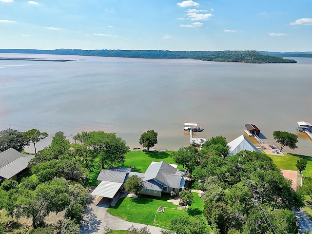 drone / aerial view featuring a water view