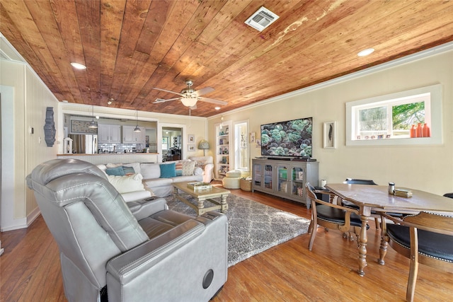 living room featuring ornamental molding, ceiling fan, wood ceiling, and wood-type flooring