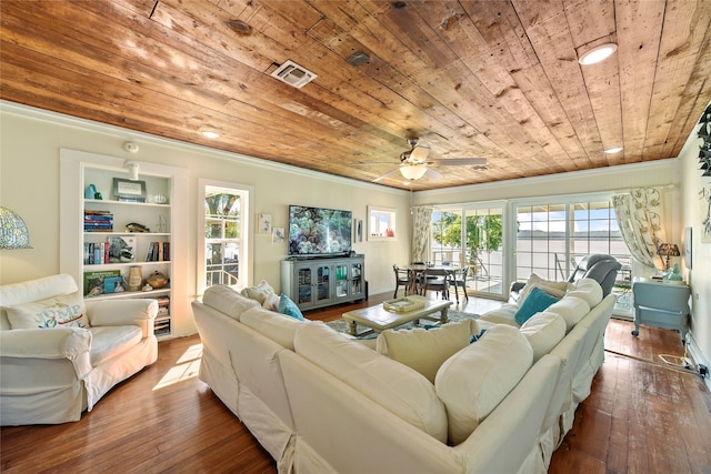 living room featuring ceiling fan, built in shelves, wood ceiling, and wood-type flooring