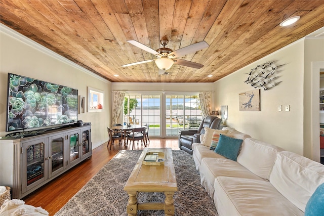 living room featuring dark wood-type flooring, ceiling fan, wood ceiling, and crown molding