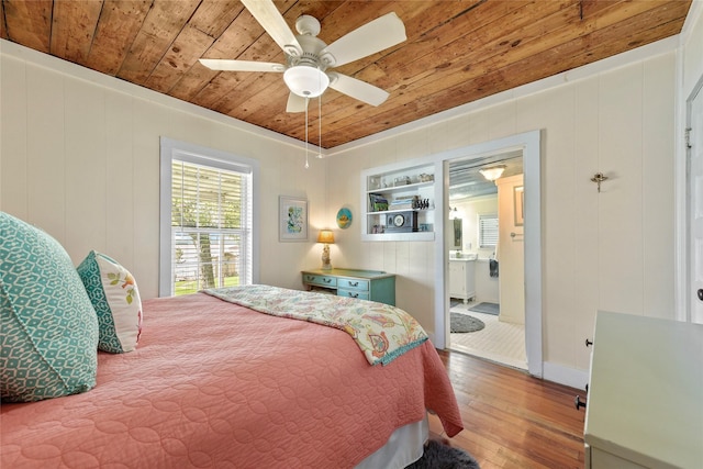 bedroom with wooden ceiling, ensuite bath, a ceiling fan, and wood finished floors