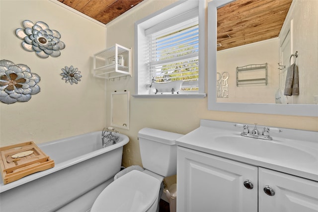 bathroom with toilet, ornamental molding, a bath, wood ceiling, and vanity