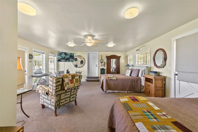 bedroom featuring carpet, ceiling fan, and multiple windows