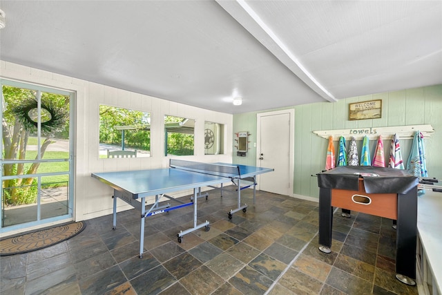 recreation room with stone finish floor