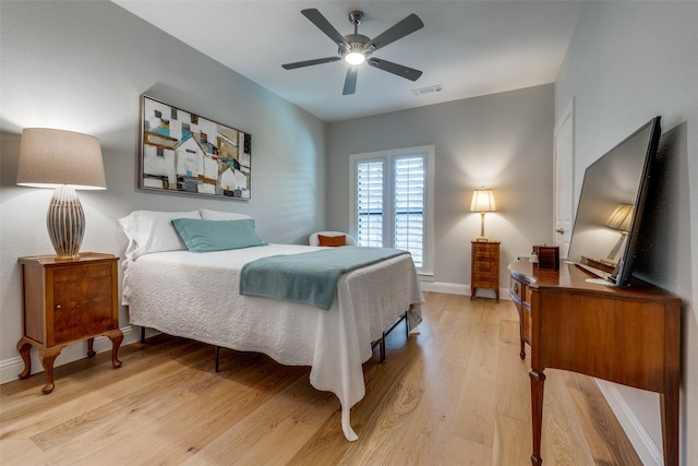 bedroom featuring ceiling fan and light wood-type flooring