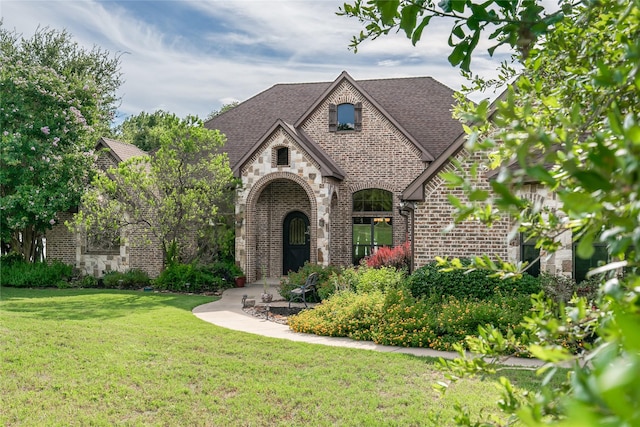 tudor-style house with a front lawn