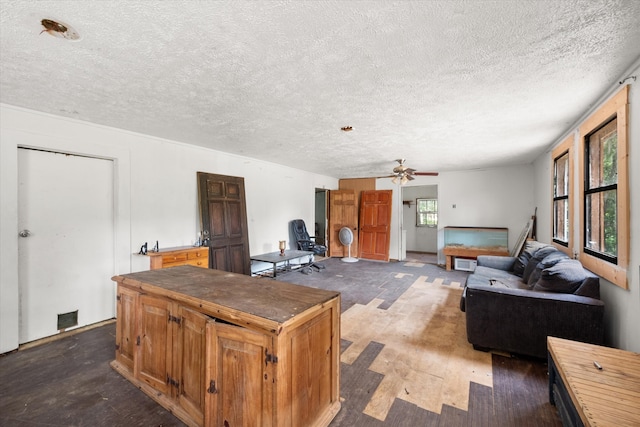 living room featuring dark wood-type flooring, ceiling fan, and a textured ceiling