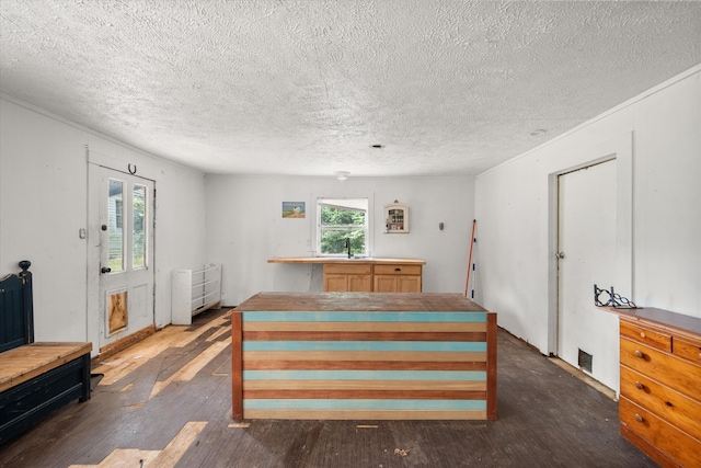 bedroom featuring dark wood-type flooring, sink, a textured ceiling, and radiator