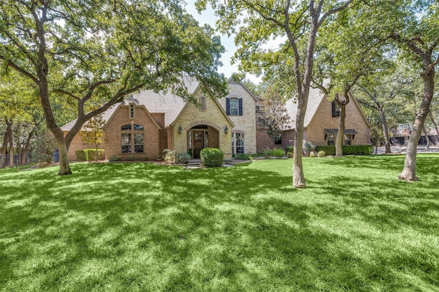 tudor-style house featuring a front lawn