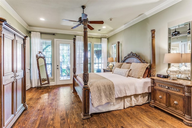 bedroom featuring dark wood-type flooring, ceiling fan, access to exterior, and crown molding