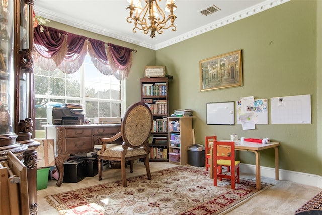 home office with ornamental molding and a notable chandelier