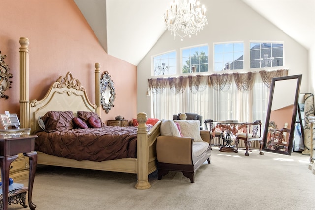 bedroom featuring a high ceiling, carpet floors, and a notable chandelier