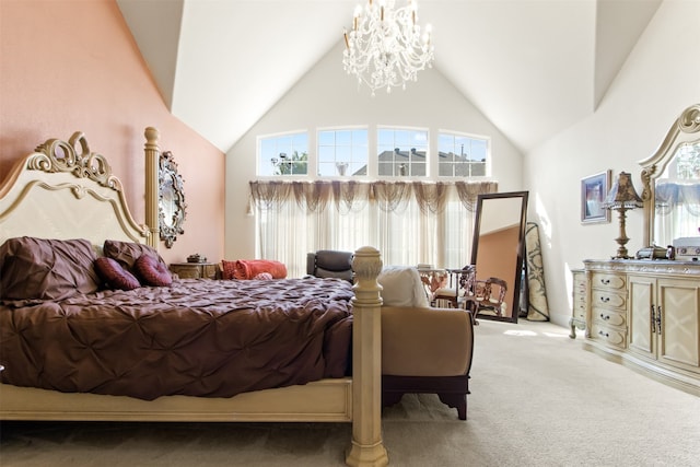 bedroom with carpet floors, a high ceiling, and a notable chandelier