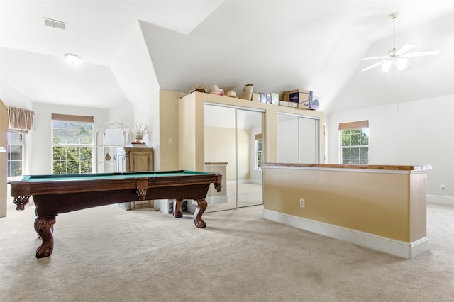 playroom featuring ceiling fan, light colored carpet, plenty of natural light, and billiards