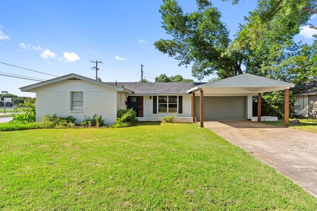 ranch-style house with a front yard and a garage