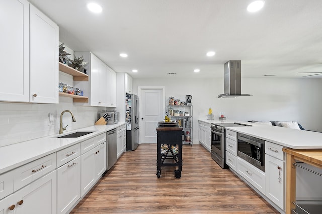 kitchen featuring appliances with stainless steel finishes, white cabinets, dark hardwood / wood-style flooring, exhaust hood, and sink