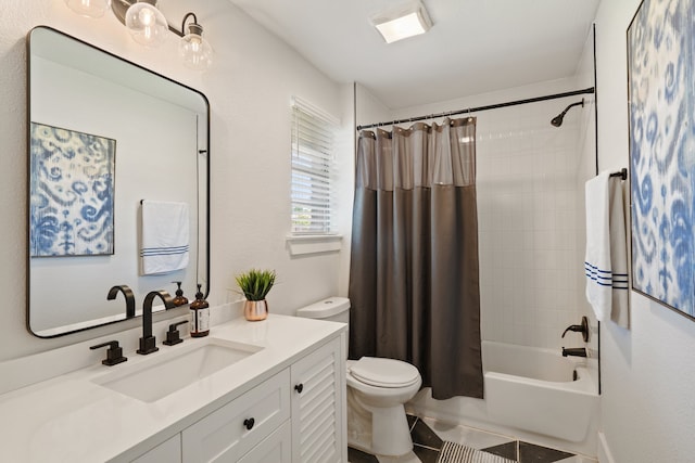 full bathroom featuring shower / tub combo with curtain, tile patterned floors, vanity, and toilet