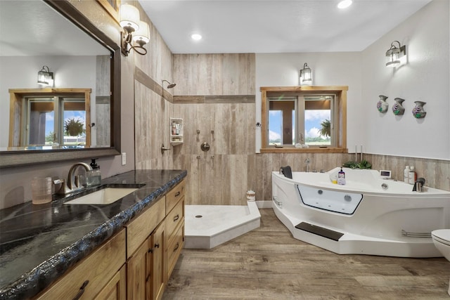 bathroom with plenty of natural light, walk in shower, hardwood / wood-style flooring, toilet, and vanity