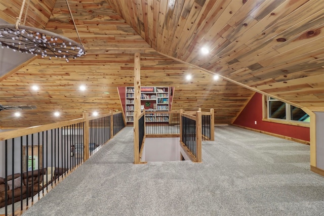 bonus room with carpet floors, vaulted ceiling, and wood ceiling