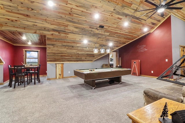 recreation room featuring carpet flooring, ceiling fan, wood ceiling, pool table, and lofted ceiling