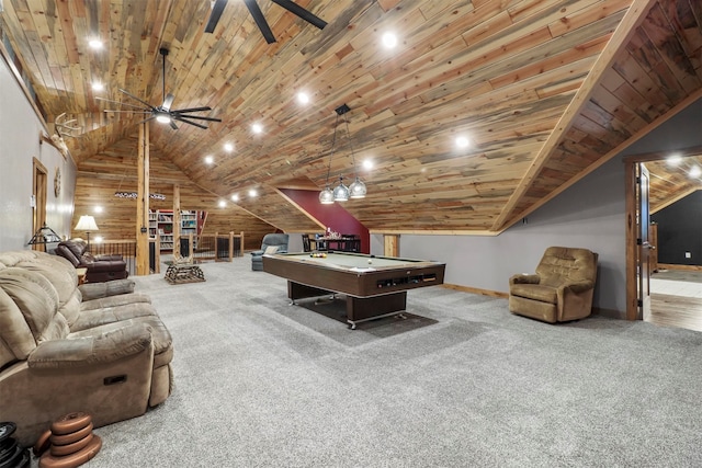 recreation room featuring wooden ceiling, billiards, ceiling fan, and carpet floors