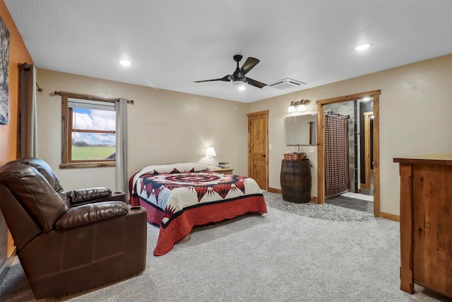 carpeted bedroom featuring ceiling fan