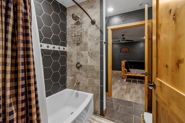 bathroom with ceiling fan, tile flooring, and shower / bath combo with shower curtain