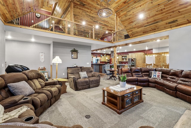 living room featuring high vaulted ceiling, carpet floors, and wooden ceiling