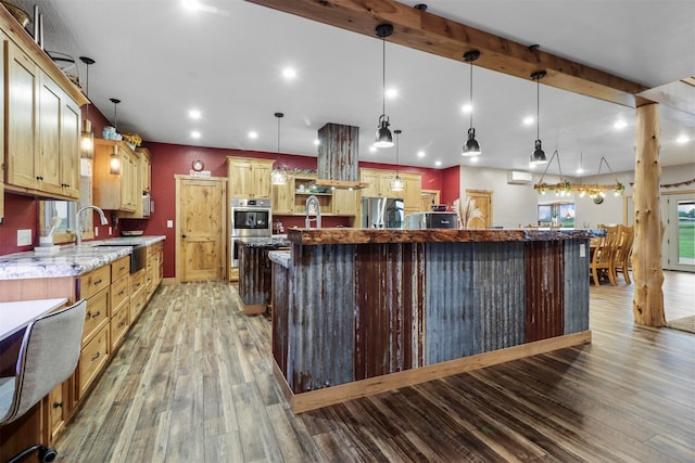 kitchen featuring stainless steel appliances, a spacious island, pendant lighting, and wood-type flooring