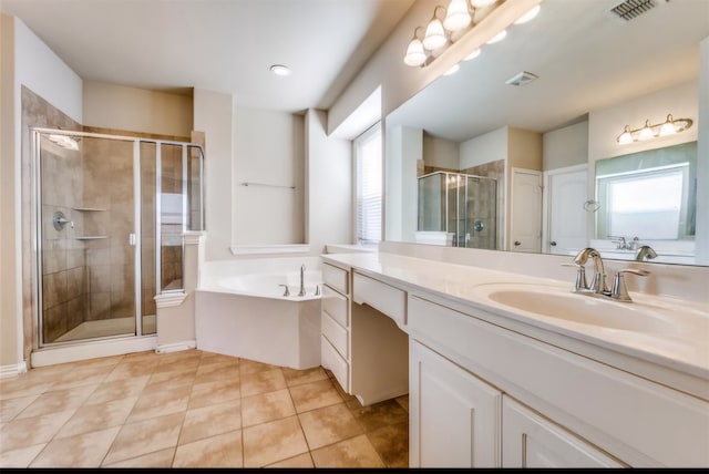 bathroom with vanity, separate shower and tub, tile patterned floors, and plenty of natural light