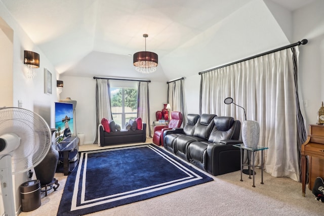 living room with vaulted ceiling, a chandelier, and light carpet